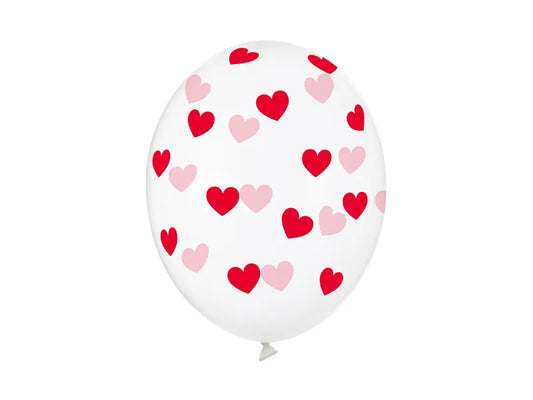 Globo látex TRANSPARENTE CORAZONES ROJOS (6 uds)